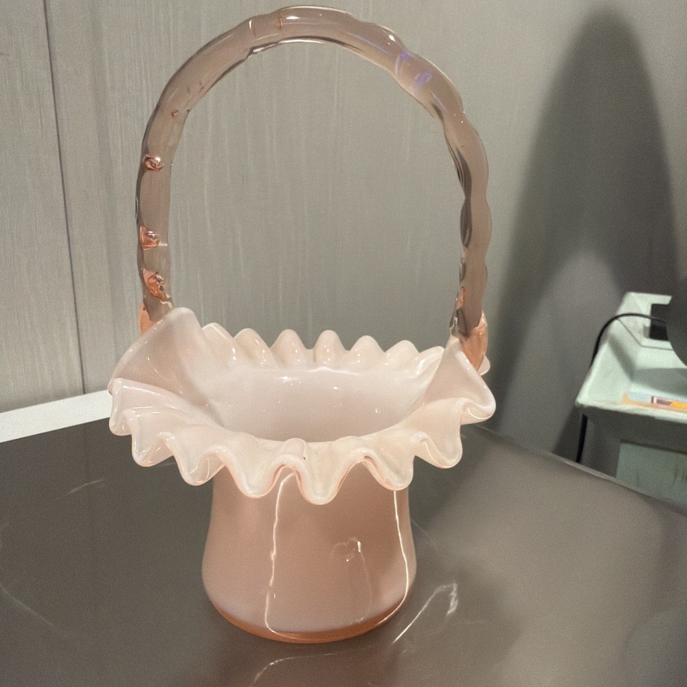 Vintage Fenton Art Glass 1940's Rose Overlay Ruffled Basket Bamboo Handle
